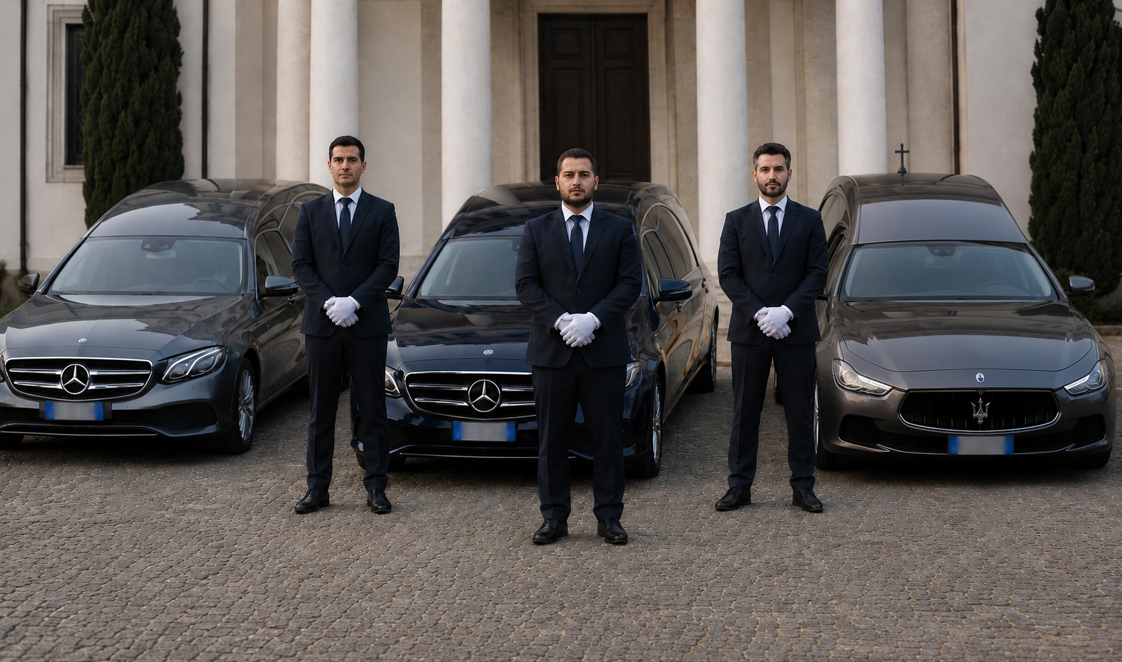 I tre soci dell'Agenzia Funebre San Pietro e Paolo davanti ai carri funebri a Roma