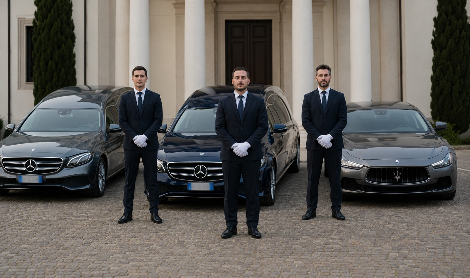 I tre soci dell'Agenzia Funebre San Pietro e Paolo davanti ai carri funebri a Roma